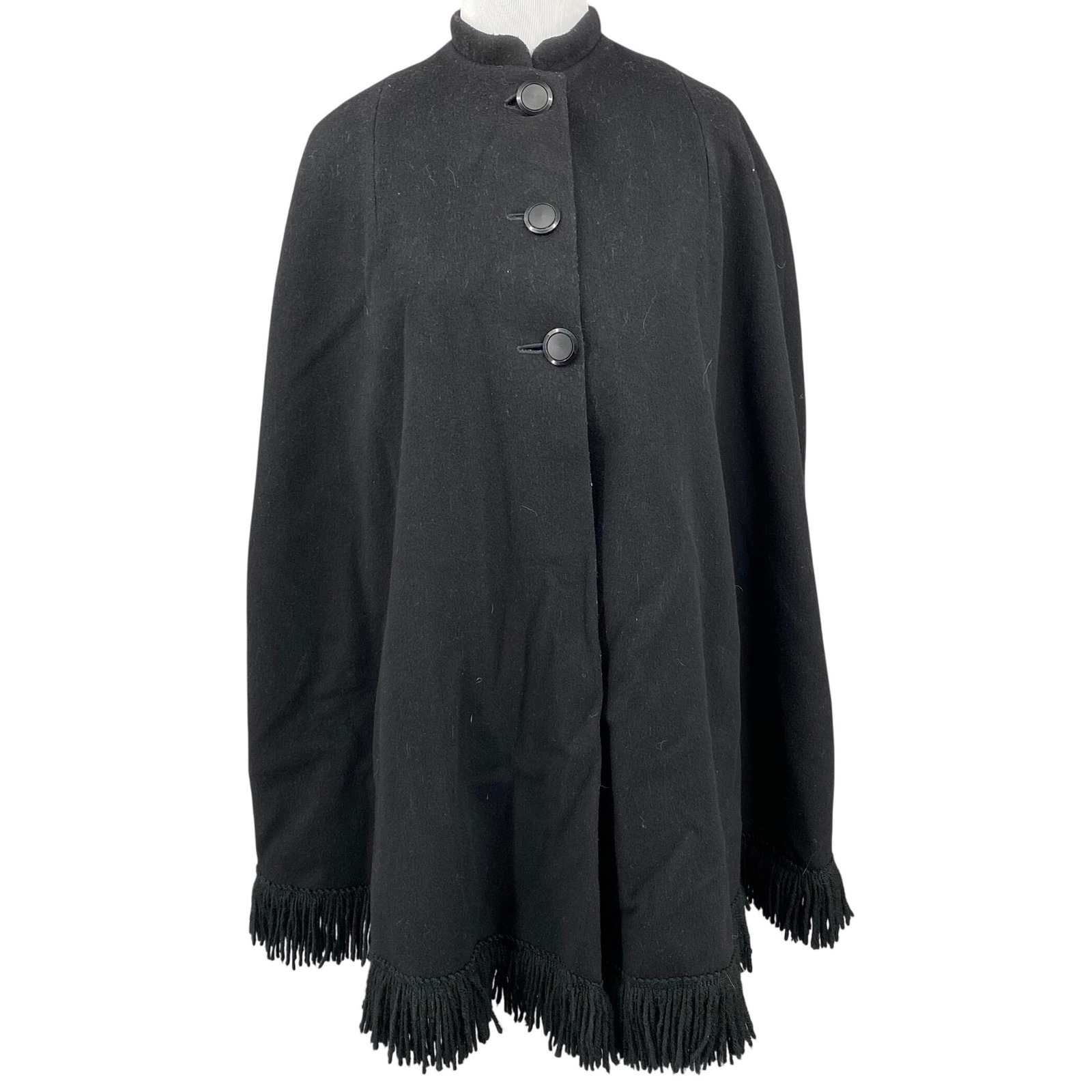 True Vintage Black Wool Blend Fringe Hem Cape Vampy Button Front Poncho 50s?
